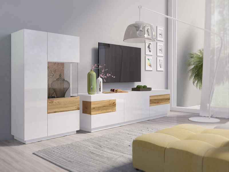 Silke Komoda RTV Duża 6 Szuflad Biały Połysk / Dąb Wotan