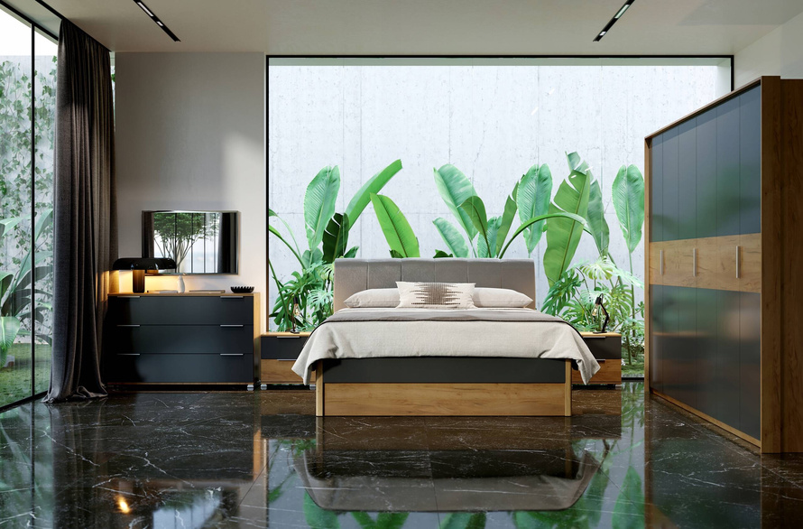 Ramona RA-36-LV - Łóżko z Zagłówkiem 2 Szuflady Dąb Craft Lava Mat 160x200 cm