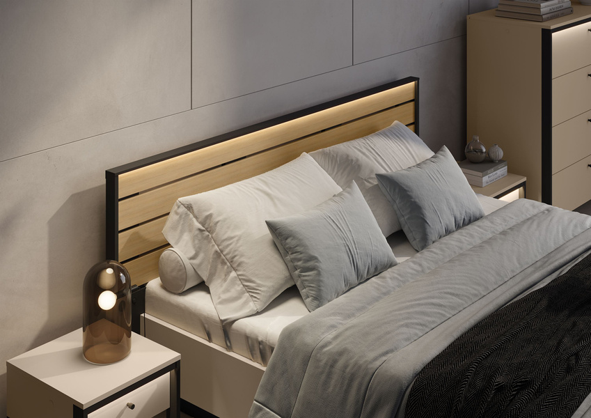 ENNA EN-02(160) - Łóżko 160 cm ze Stelażem i Oświetleniem LED Beżowy Czarny