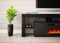 SOLEO-01 - Komoda RTV 2D z Oświetleniem LED i Kominkiem Elektrycznym Czarny Mat Czarny Połysk