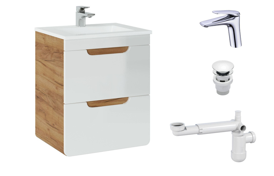 Szafka 50 cm Aruba White z Umywalką, Baterią i Syfonem z Korkiem