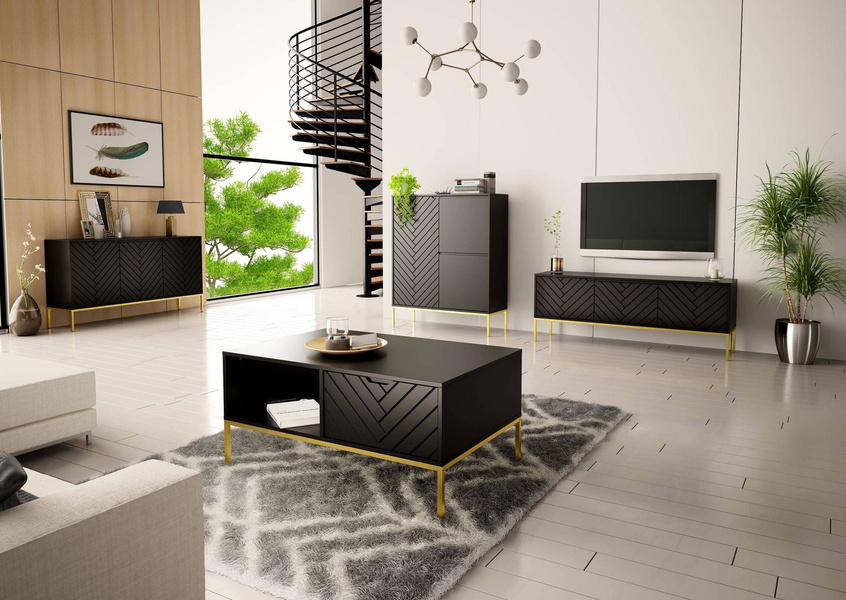 ASPEN-01 - Komoda RTV 3-drzwiowa Czarny Mat Złoty Stelaż