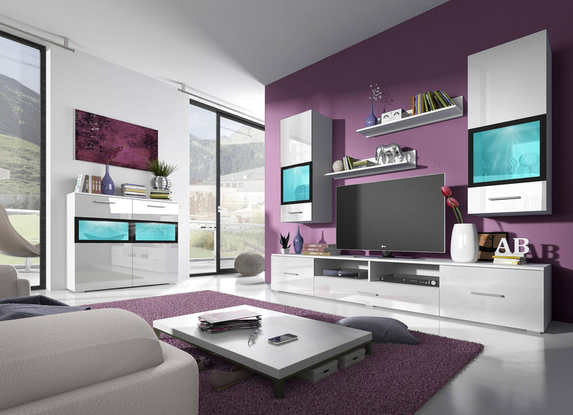 Sarah Meblościanka I Biały Laminat/Biały Połysk / Czarne Ramy