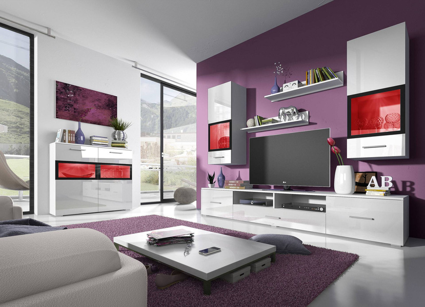 Sarah Meblościanka I Biały Laminat/Biały Połysk / Czarne Ramy