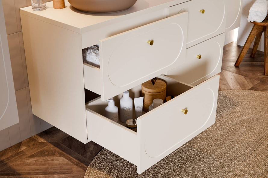 Zestaw Szafka Pod Umywalkę z Blatem 120 cm 4 Szuflady i 2 Umywalki Nablatowe Donna Sand