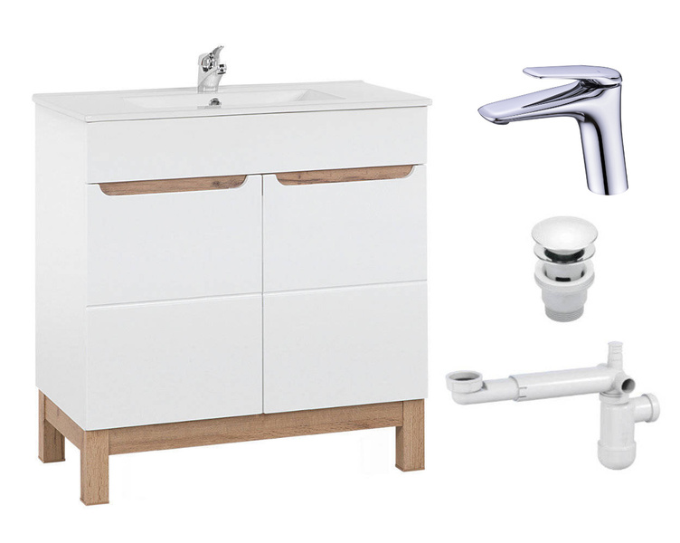 Szafka 80 cm Bali Biały z umywalką, baterią i syfonem z korkiem