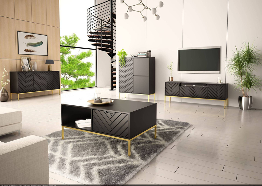 ASPEN-06 - Komoda RTV 3D z Soundbarem JBL i Oświetleniem LED Czarny Mat Złoty Stelaż