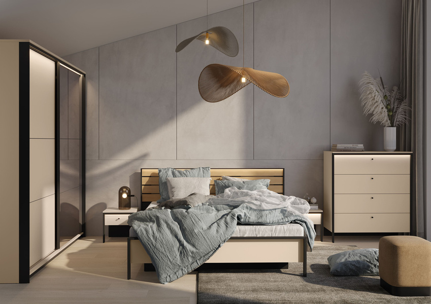 ENNA EN-03 - Komoda 4S z Oświetleniem LED Beżowy Mat Czarny Mat