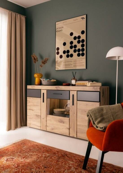 Grano GRNK02 – Komoda 3-drzwiowa Dąb Viking/Szary Kosmos