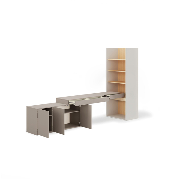 WOOW SET-WOS8LVB - Zestaw Komoda i Biurko Lewe/Regał Szeroki Szampański/Dąb Vincenza Bielona/Clay Grey