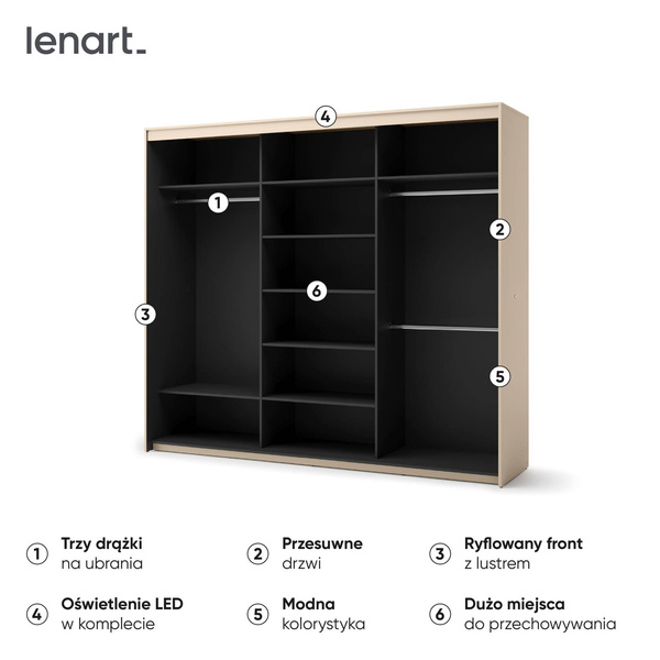TREND TS-02 - Szafa 3-drzwiowa z Lustrem i LED Beż Piaskowy Czarny Mat