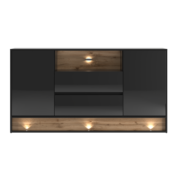 VISION-02 - Komoda 2D2S z Oświetleniem LED Czarny Mat Dąb Wotan Mat Czarny Połysk