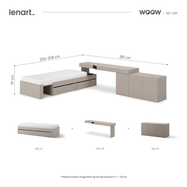 WOOW SET-WOS1P - Zestaw Komoda/ Biurko Prawe i Łóżko Szampański/Dąb Vincenza Bielona/Clay Grey