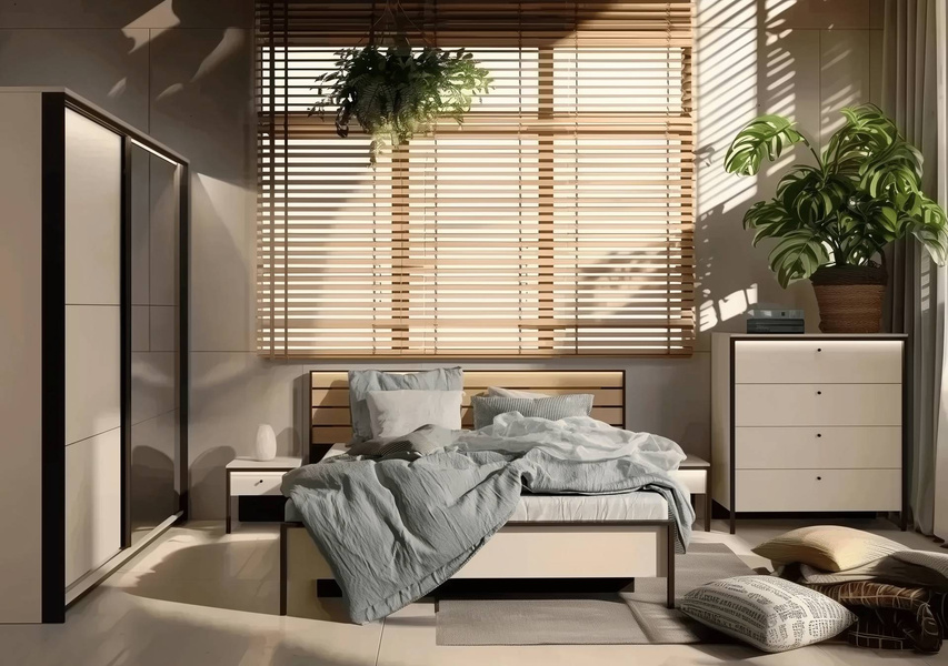 ENNA EN-01 - Szafa 2-drzwiowa z Oświetleniem LED Beżowy Mat Czarny Mat