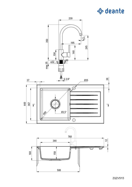 Zlewozmywak granitowy z baterią 1-komorowy z ociekaczem Zorba