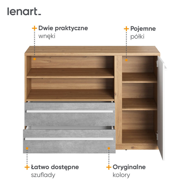 PLANO PN-05 - Komoda 1D2S Dąb Nash/Biały/Beton