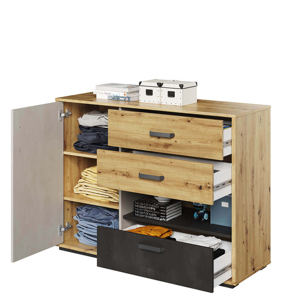 QUBIC QB-07 - Komoda 1D3S Dąb Artisan/Stal/Silk Flou