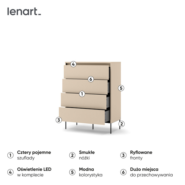 TREND TS-04 - Komoda 4S z Oświetleniem LED Beż Piaskowy Czarny Mat