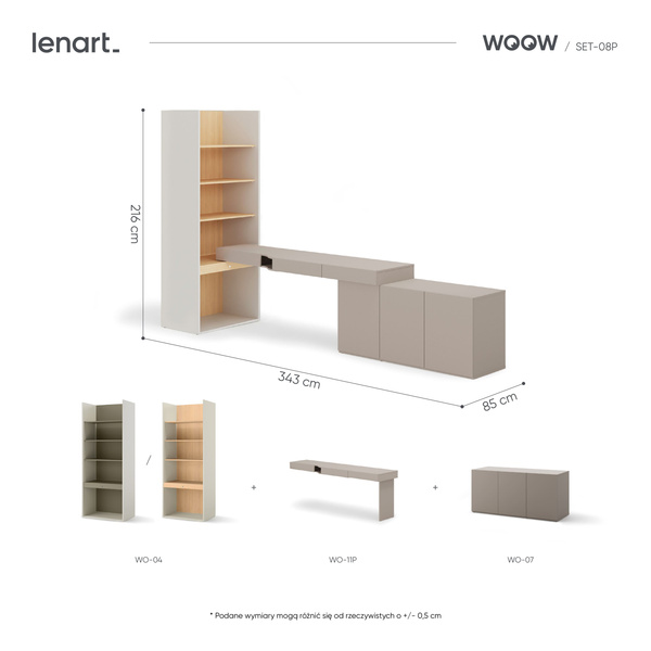 WOOW SET-WOS8PVB - Zestaw Komoda i Biurko Prawe/Regał Szeroki Szampański/Dąb Vincenza Bielona/Clay Grey