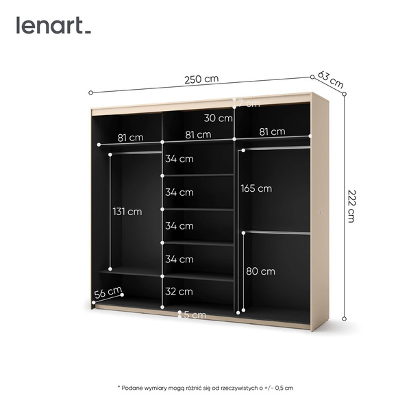 TREND TS-02 - Szafa 3-drzwiowa z Lustrem i LED Beż Piaskowy Czarny Mat
