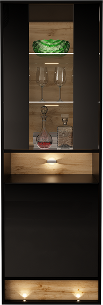 VISION-04 - Witryna 2D z Oświetleniem LED Czarny Mat Dąb Wotan Mat Czarny Połysk