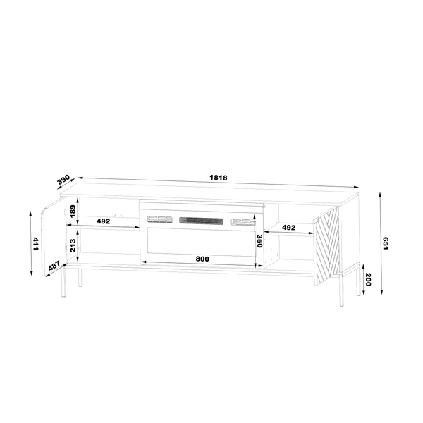 ASPEN-02 - Komoda RTV 2D z Kominkiem Elektrycznym Czarny Mat Złoty Stelaż