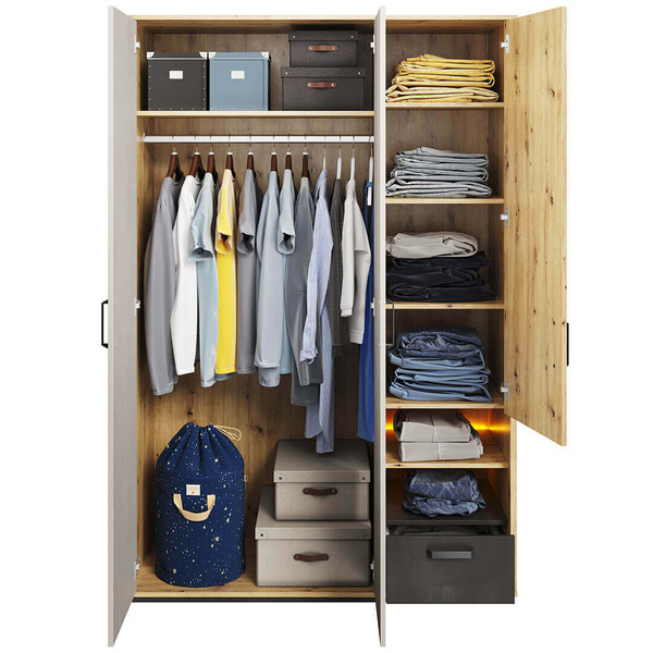 QUBIC QB-02 - Szafa 3D1S Z Oświetleniem Dąb Artisan/Stal/Silk Flou