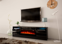 DUKE-01 - Komoda RTV 2D z Oświetleniem LED i Kominkiem Elektrycznym Czarny Mat Czarny Połysk