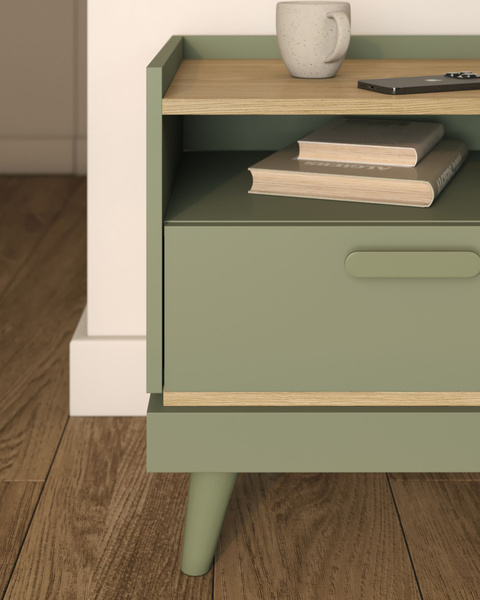 Scandi - Szafka Nocna 1S Zgaszona Zieleń Dąb Olejowany