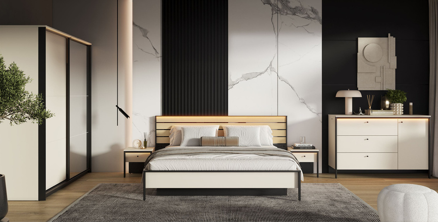 ENNA EN-04 - Komoda 1D3S z Oświetleniem LED Beżowy Mat Czarny Mat