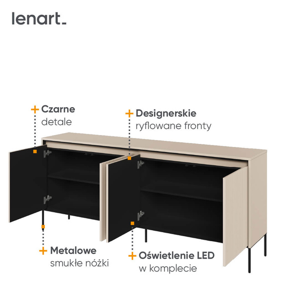TREND TR-04 - Komoda 4-drzwiowa Z Oświetleniem Beż Piaskowy/Czarny