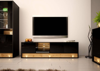 VISION-01 - Komoda RTV 3D z Oświetleniem LED Czarny Mat Dąb Wotan Mat Czarny Połysk