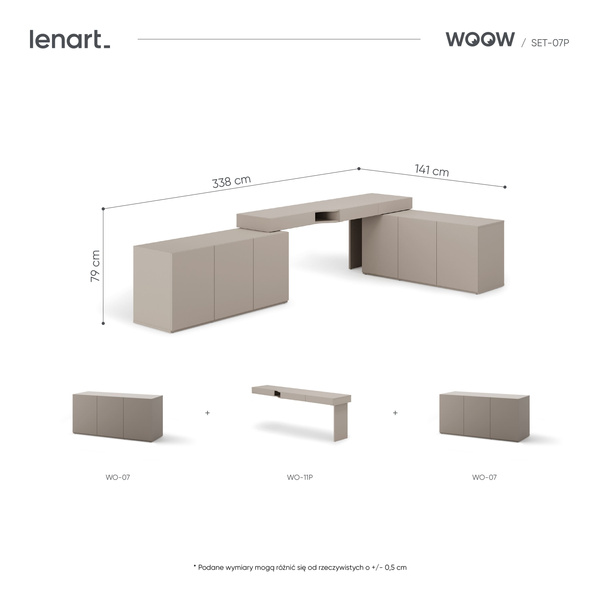 WOOW SET-WOS7P - Zestaw Komoda i Biurko Prawe/Komoda Szampański/Dąb Vincenza Bielona/Clay Grey