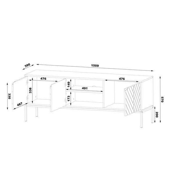 ASPEN-01 - Komoda RTV 3-drzwiowa Czarny Mat Złoty Stelaż