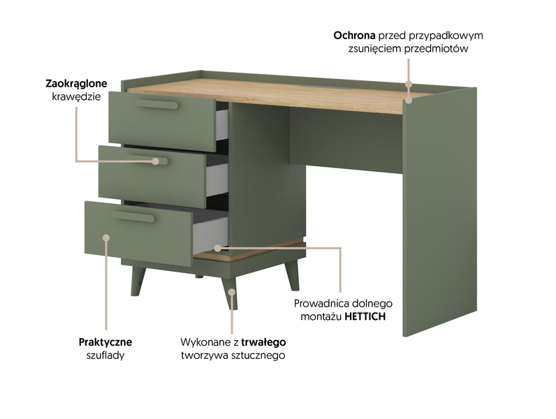 Scandi - Biurko 3S Zgaszona Zieleń Dąb Olejowany