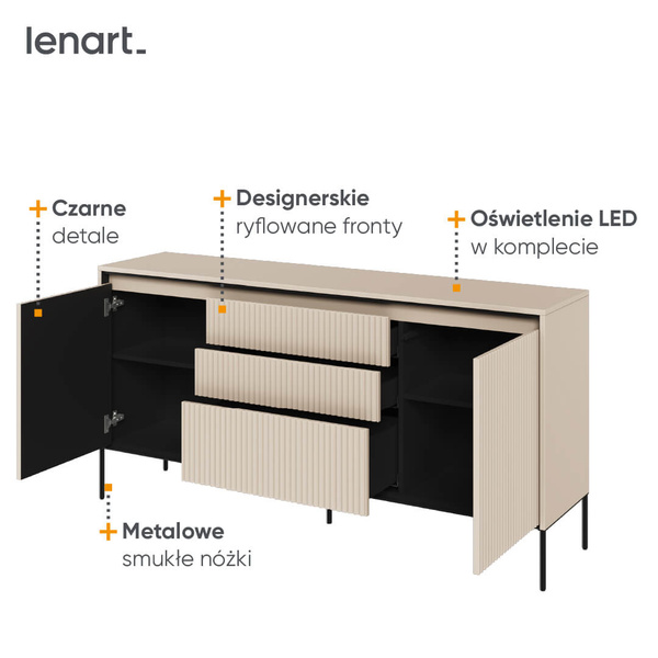 TREND TR-01 - Komoda 2D3S Z Oświetleniem Beż Piaskowy/Czarny