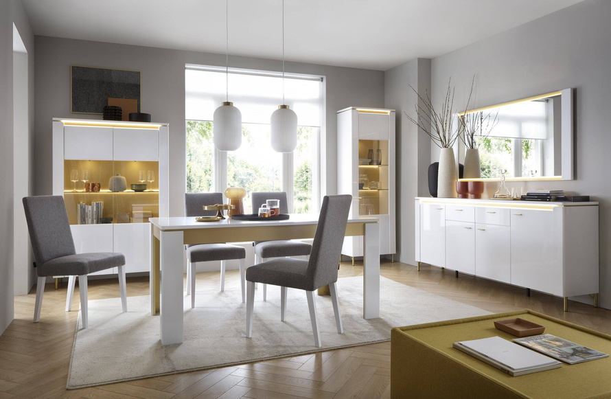 Lazio LAZT02 - Stół Jadalniany Rozkładany Biały Alpejski/Biały Połysk/Złoty