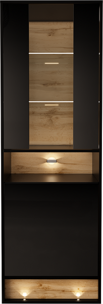 VISION-04 - Witryna 2D z Oświetleniem LED Czarny Mat Dąb Wotan Mat Czarny Połysk