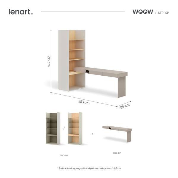 WOOW SET-WOS10PVB - Zestaw Biurko Prawe i Regał Szeroki Szampański/Dąb Vincenza Bielona/Clay Grey