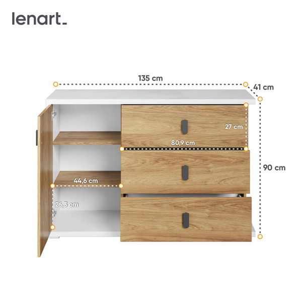 SIMI MS-05 - Komoda 1D3S Biała/Hikora Naturalna