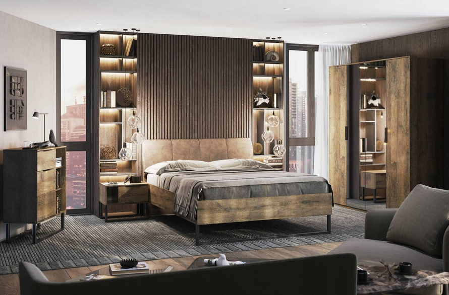 Quadro KV-38-OF - Łóżko Metalowe Loft Miękki Zagłówek Dąb Frigate 180x200 cm