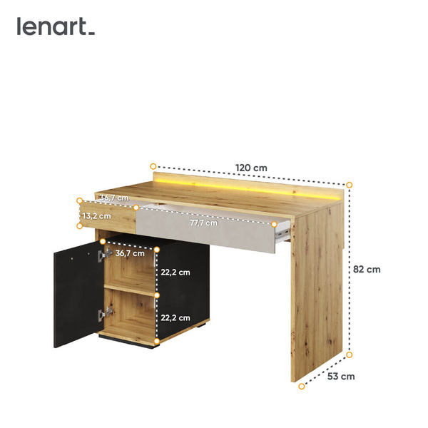 QUBIC QB-08 - Biurko Z Oświetleniem Dąb Artisan/Stal/Silk Flou