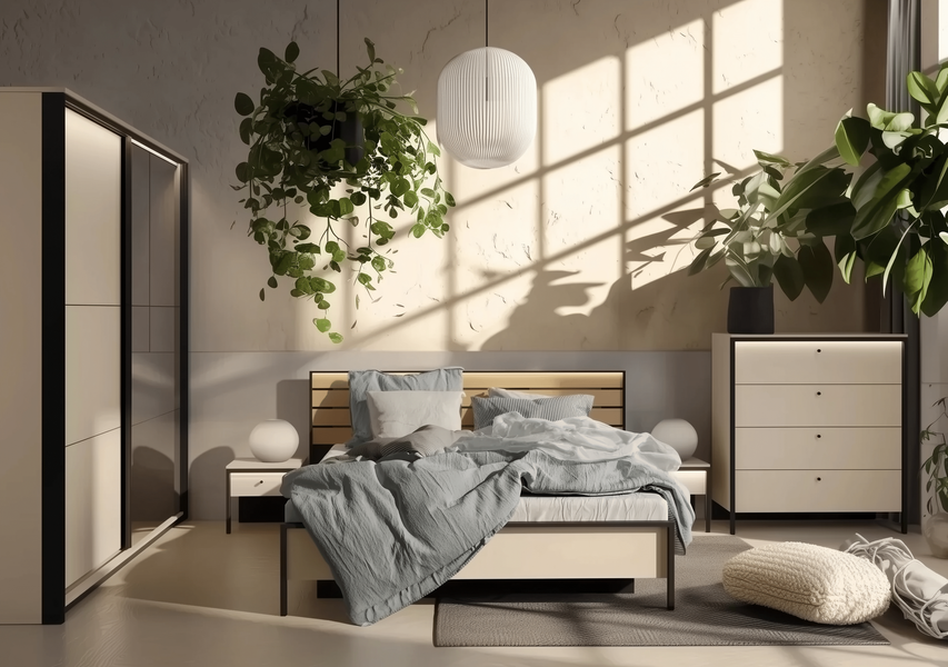 ENNA EN-05 - Szafka Nocna 1S z Oświetleniem LED Beżowy Mat Czarny Mat