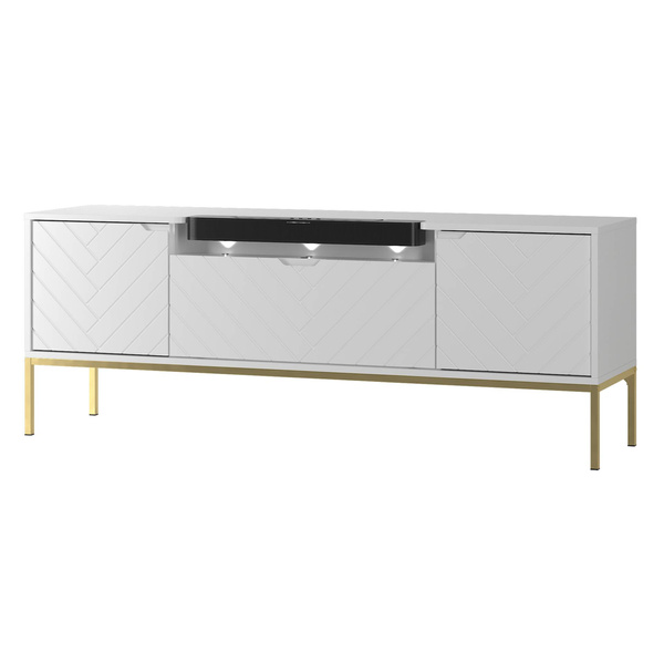 ASPEN-06 - Komoda RTV 3D z Soundbarem JBL i Oświetleniem LED Biały Mat Złoty Stelaż