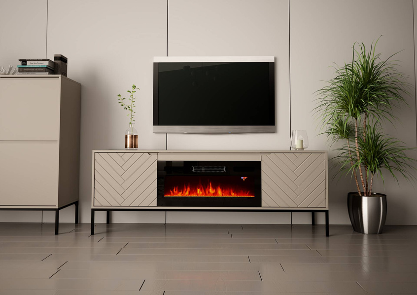 ASPEN-02 - Komoda RTV 2D z Kominkiem Elektrycznym Kaszmir Czarny Stelaż