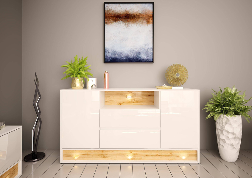 VISION-02 - Komoda 2D2S z Oświetleniem LED Biały Mat Dąb Wotan Mat Biały Połysk