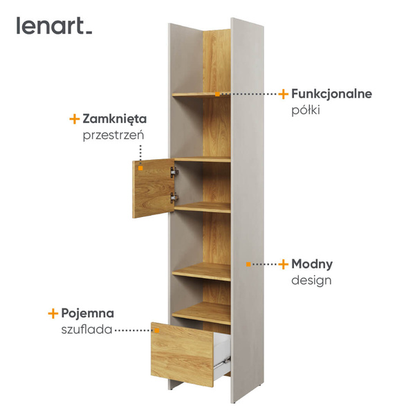 TEEN FLEX TF-02 - Regał 45 cm 1D1S Silk Flou/Hikora Naturalna