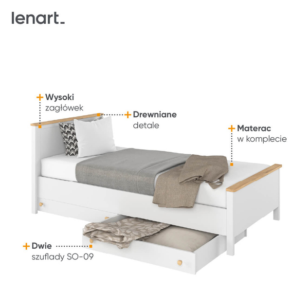 STORY SO-08 - Łóżko z Materacem Białe/Dąb Nash