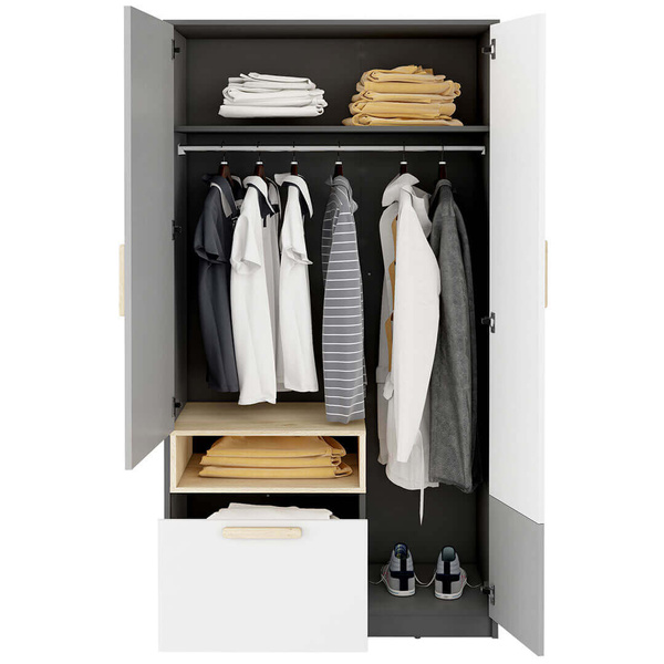 POK PO-02 - Szafa 2D1S Grafit/Buk Ibsen/Szara Jasna