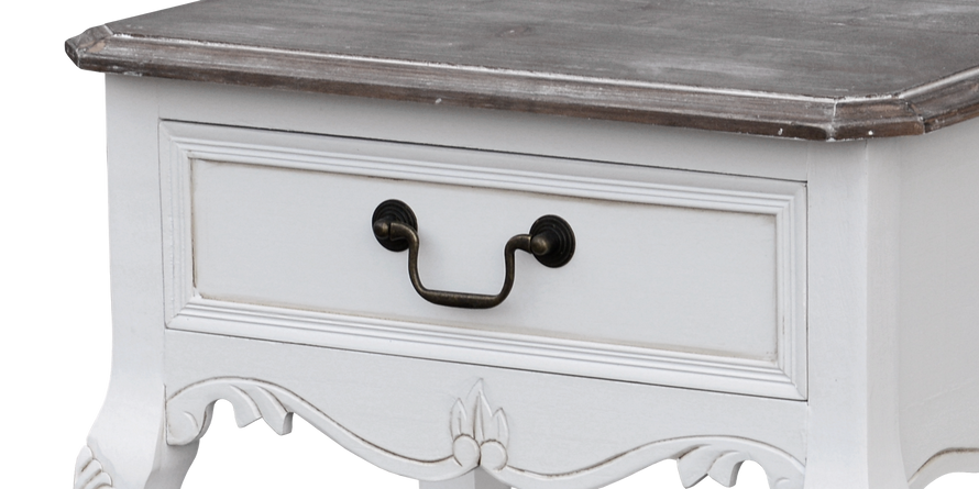 Rimini White 019 Stolik 1S z półką prowansalski biały z przecieranym brązowym blatem drewno/mdf
